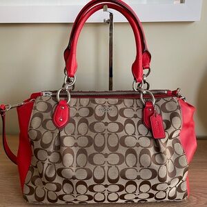 COACH F36376 SIGNATURE COLETTE CARRYALL RED TAN BROWN SHOULDER SATCHEL CROSSBODY